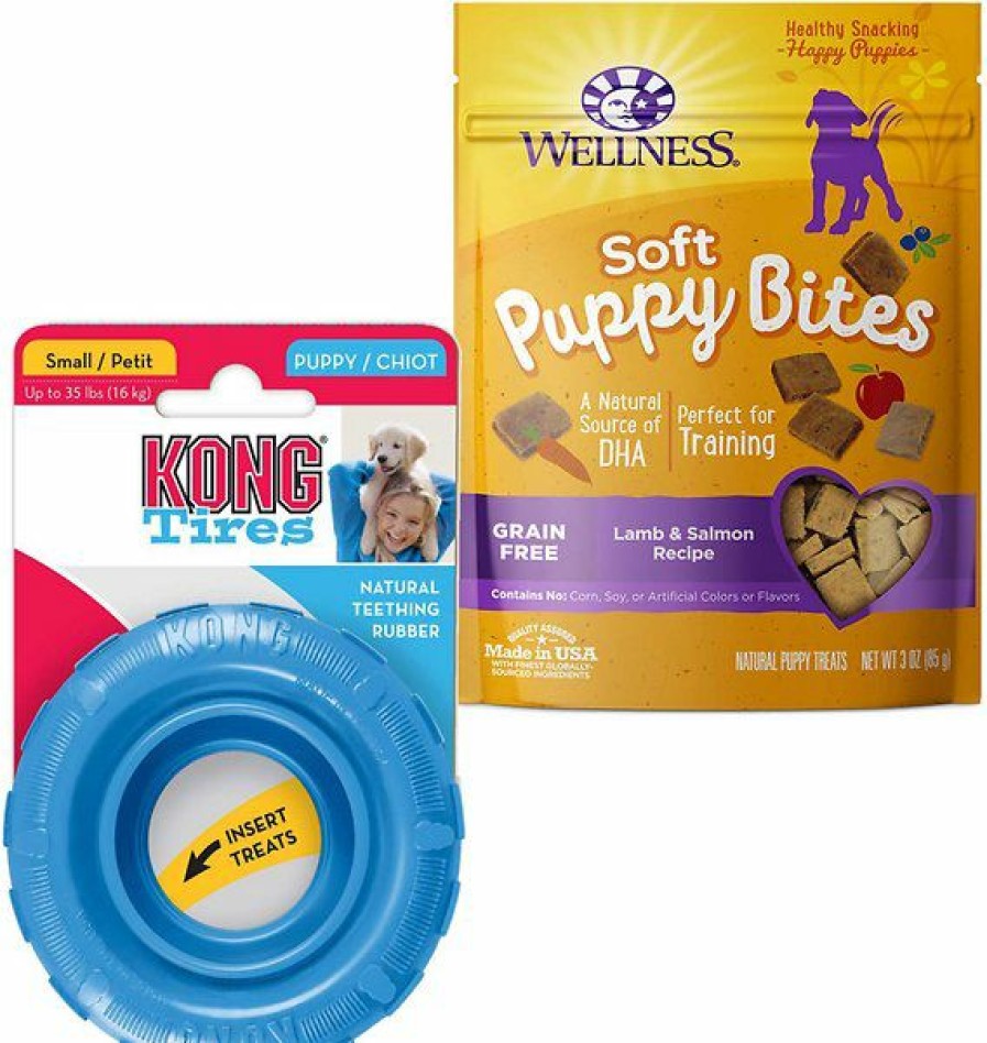 Soft & Chewy Treats * | Bundle: Kong Puppy Tires Dog Toy, Color Varies, Small + Wellness Soft Puppy Bites Lamb & Salmon Recipe Grain-Free Dog Treats, 3-Oz Pouch Discount