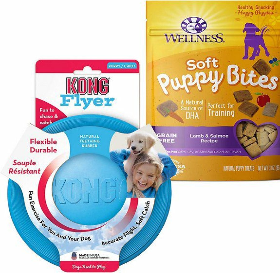 Soft & Chewy Treats * | Bundle: Kong Puppy Flyer Dog Toy, Color Varies + Wellness Soft Puppy Bites Lamb & Salmon Recipe Grain-Free Dog Treats, 3-Oz Pouch Discount