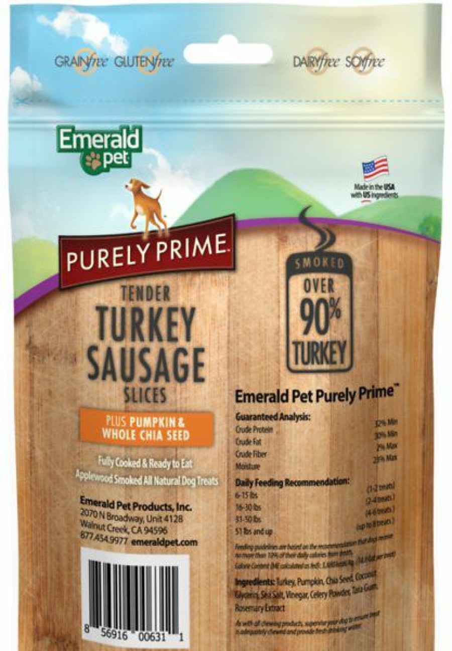 Soft & Chewy Treats * | Emerald Pet Purely Prime Tender Turkey Sausage Pumpkin & Chia Chicken-Free Dog Treats, 3-Oz Bag Online